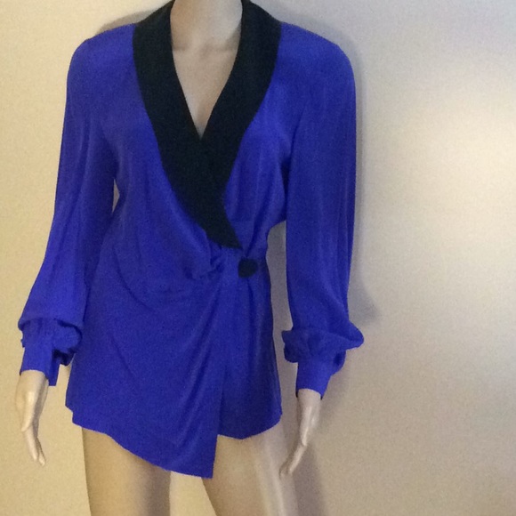 Silk Wrap Tuxedo Blouse Electric Blue Vintage - Picture 1 of 4